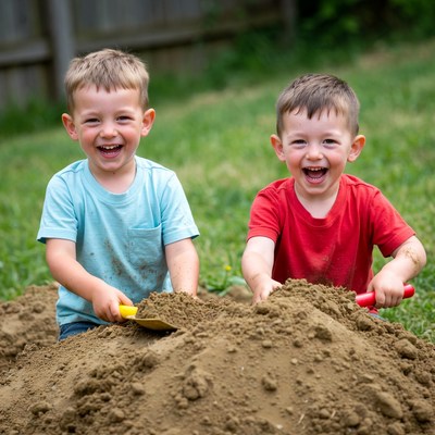 Two boys playing in dirt pile