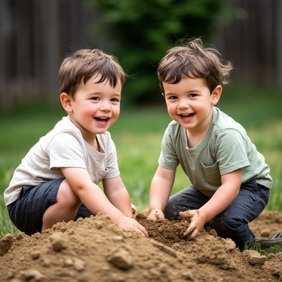 Twin boys playing in dirt pile