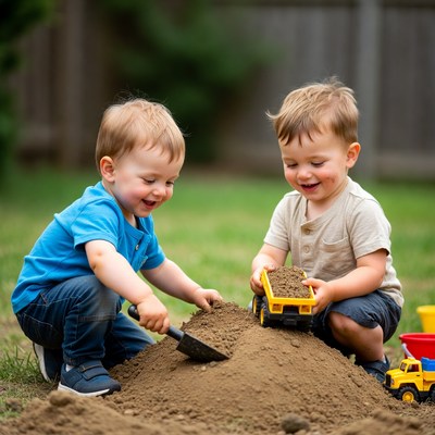 Two boys playing with dump trucks