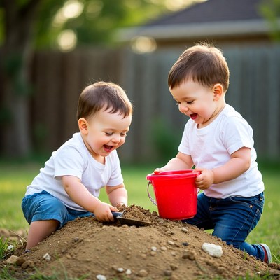 Twin boys playing with sand and bucket