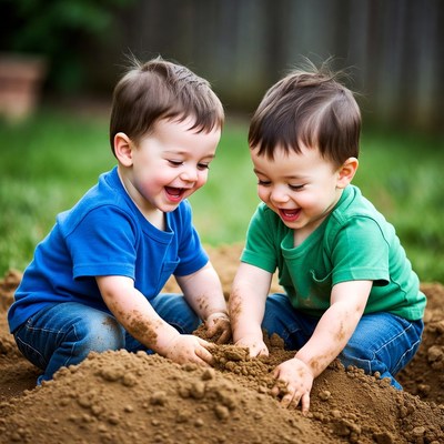 Twin boys playing in dirt pile