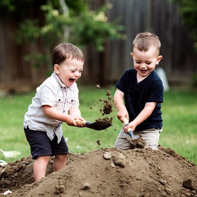 Two boys playing with shovels in dirt pile