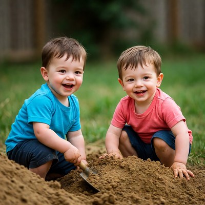 Twin boys digging in backyard dirt