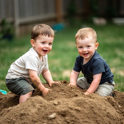 Two toddlers playing in backyard sand