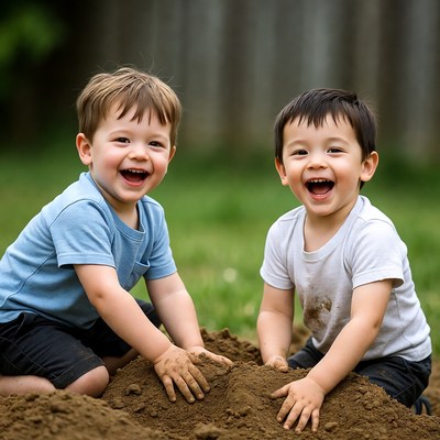 Two boys playing in dirt pile