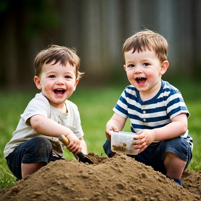 Twin boys playing with sand