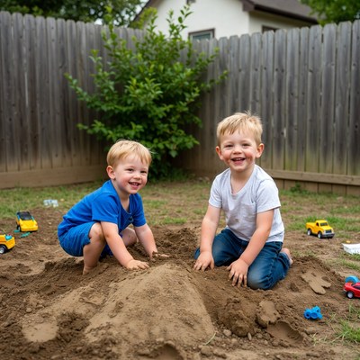 Two boys playing in backyard sand pile