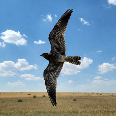 Spotted Eagle Flying over Grassland
