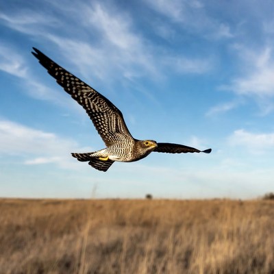 Falcon flying over golden grass field