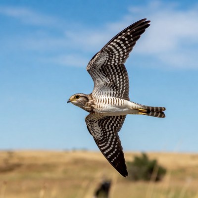 Falcon flying over grassland