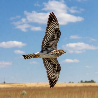 Falcon flying over golden grass field