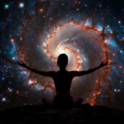 Silhouette woman meditating in galaxy