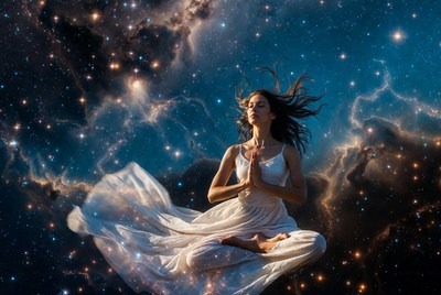 Woman meditating in cosmic space