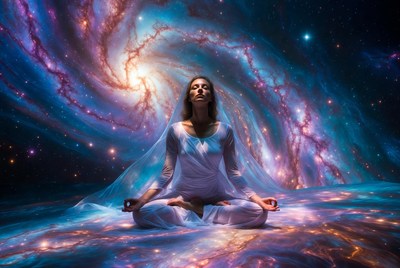 Woman meditating in cosmic galaxy