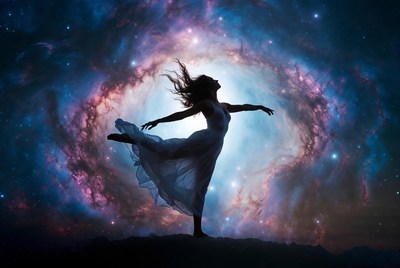Woman dancing in cosmic nebula silhouette