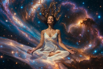 Woman meditating in cosmic nebula