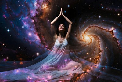 Woman in prayer pose with cosmic galaxy