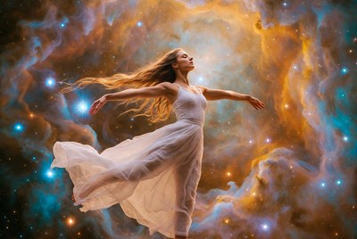 Woman floating in cosmic nebula
