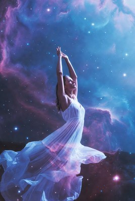 Woman floating in cosmic nebula