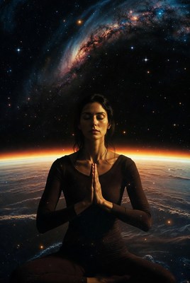 Woman meditating in cosmic space
