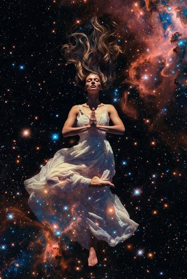 Woman meditating in space nebula