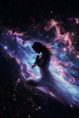 Woman praying in cosmic nebula