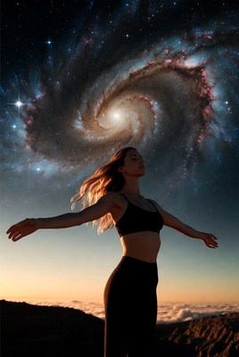 Woman with galaxy hair on mountain
