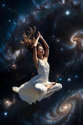 Woman meditating in space galaxy