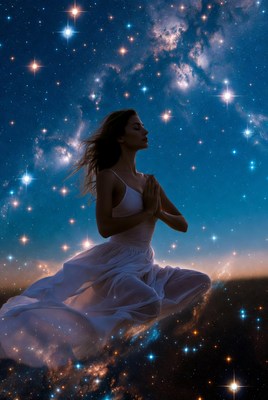 Woman praying in starry night sky