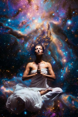 Woman meditating in cosmic space