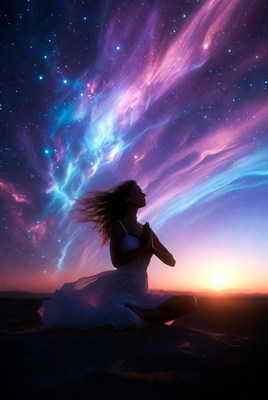 Woman meditating in starry desert