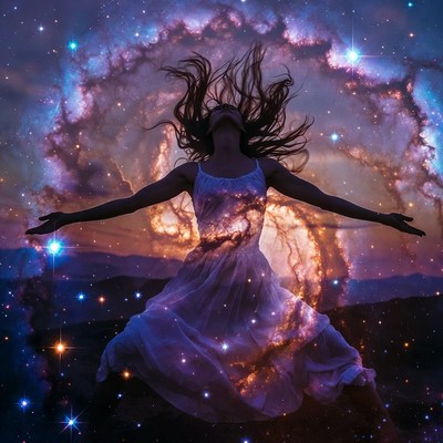 Woman embracing cosmic nebula