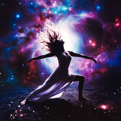 Woman dancing in cosmic nebula