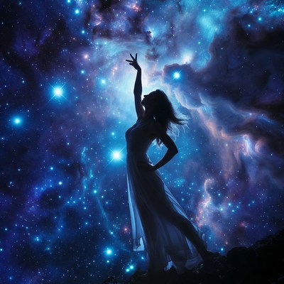 Silhouette woman reaching in starry nebula