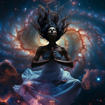 Woman meditating in cosmic galaxy