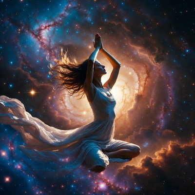 Woman meditating in cosmic space