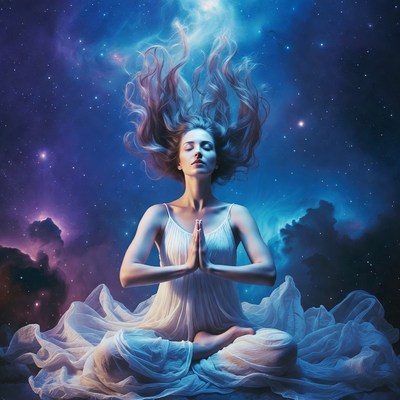 Woman meditating in cosmic starry sky