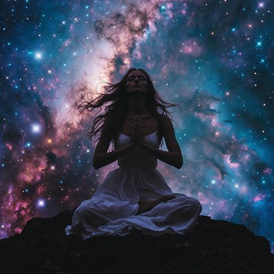 Woman meditating in galaxy nebula