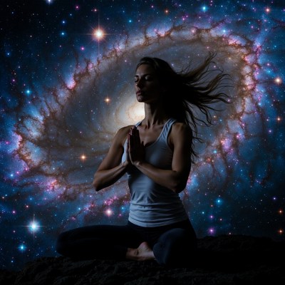 Woman meditating in cosmic galaxy