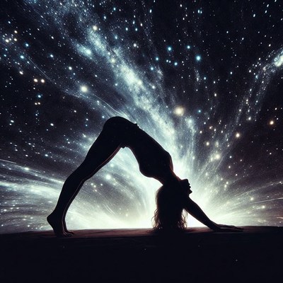 Woman in yoga pose silhouette against galaxy
