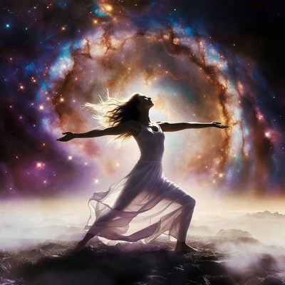 Woman embracing cosmic galaxy nebula