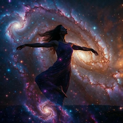 Woman dancing in cosmic galaxy