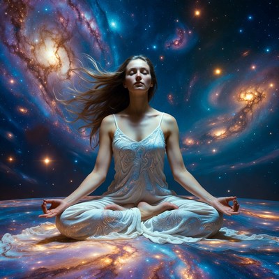 Woman meditating in cosmic galaxy