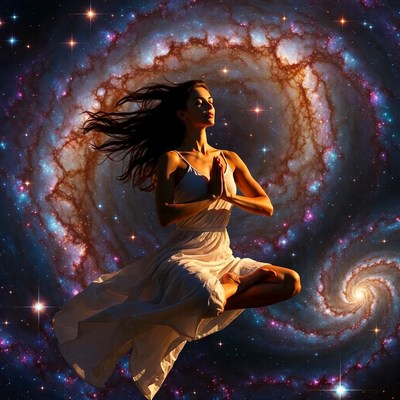 Woman meditating in cosmic galaxy
