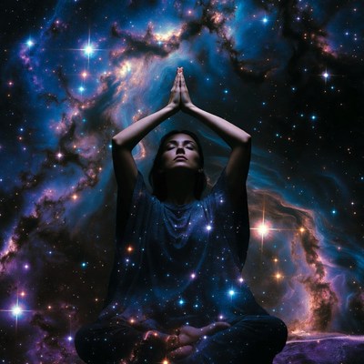 Woman meditating in cosmic nebula