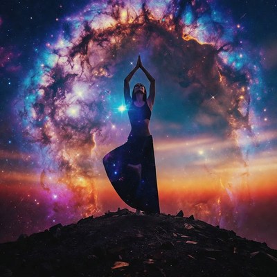 Woman in yoga pose with cosmic nebula