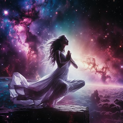 Woman praying in cosmic nebula