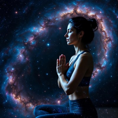 Woman meditating in cosmic galaxy