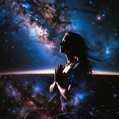 Woman Praying in Cosmic Galaxy