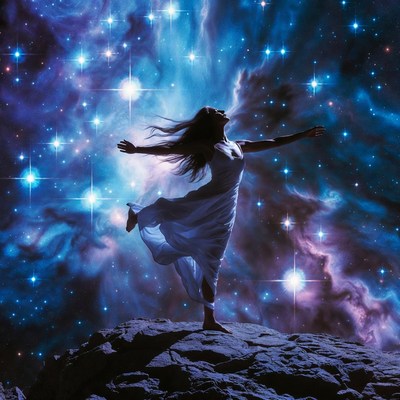 Woman dancing on rock in starry nebula